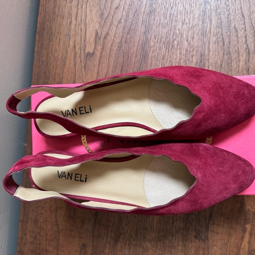 Vaneli Wine Red Suede Scalloped Slingback Flats